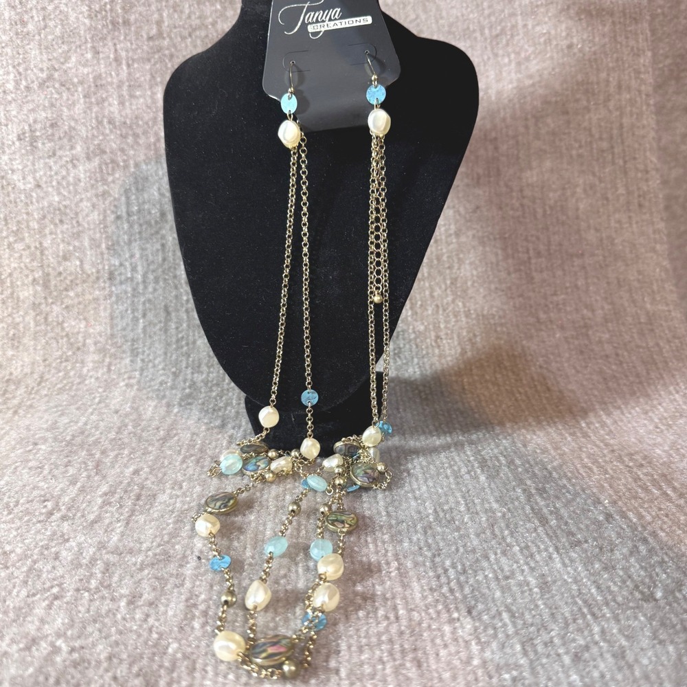 Tanya Creations Jewelry Set Gold Tone Shell Look Faux Pearl Tassel Earrings